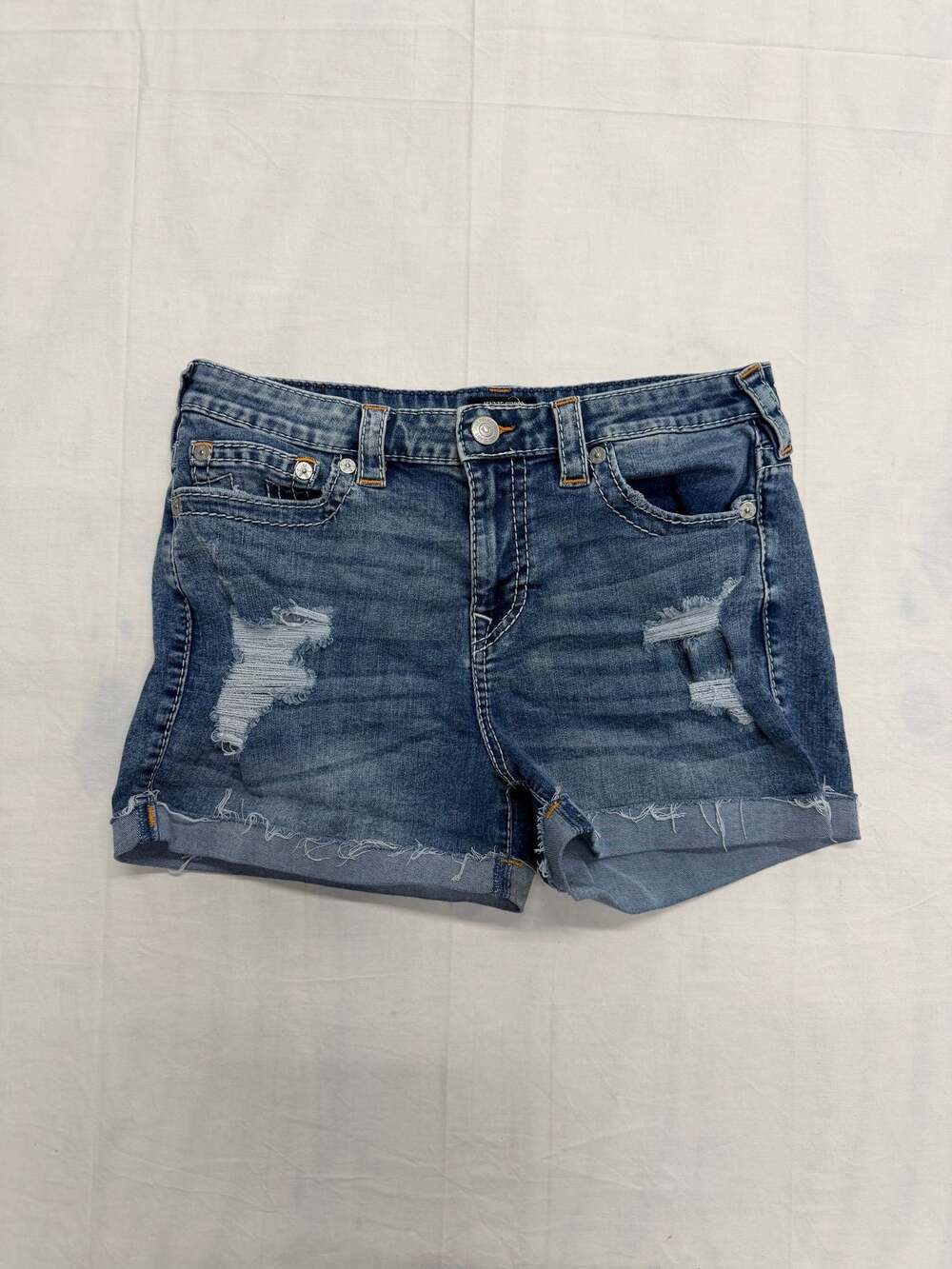 True Religion Jennie Mid-Rise Curvy Distressed Denim Shorts Size 31